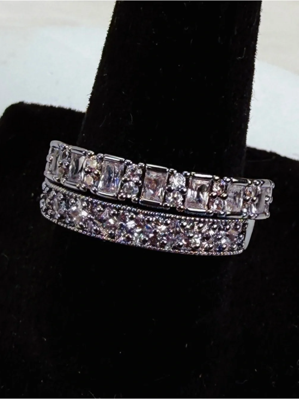 Silvertone Tone Pave Double Band Ring with Clear Stones sz 8